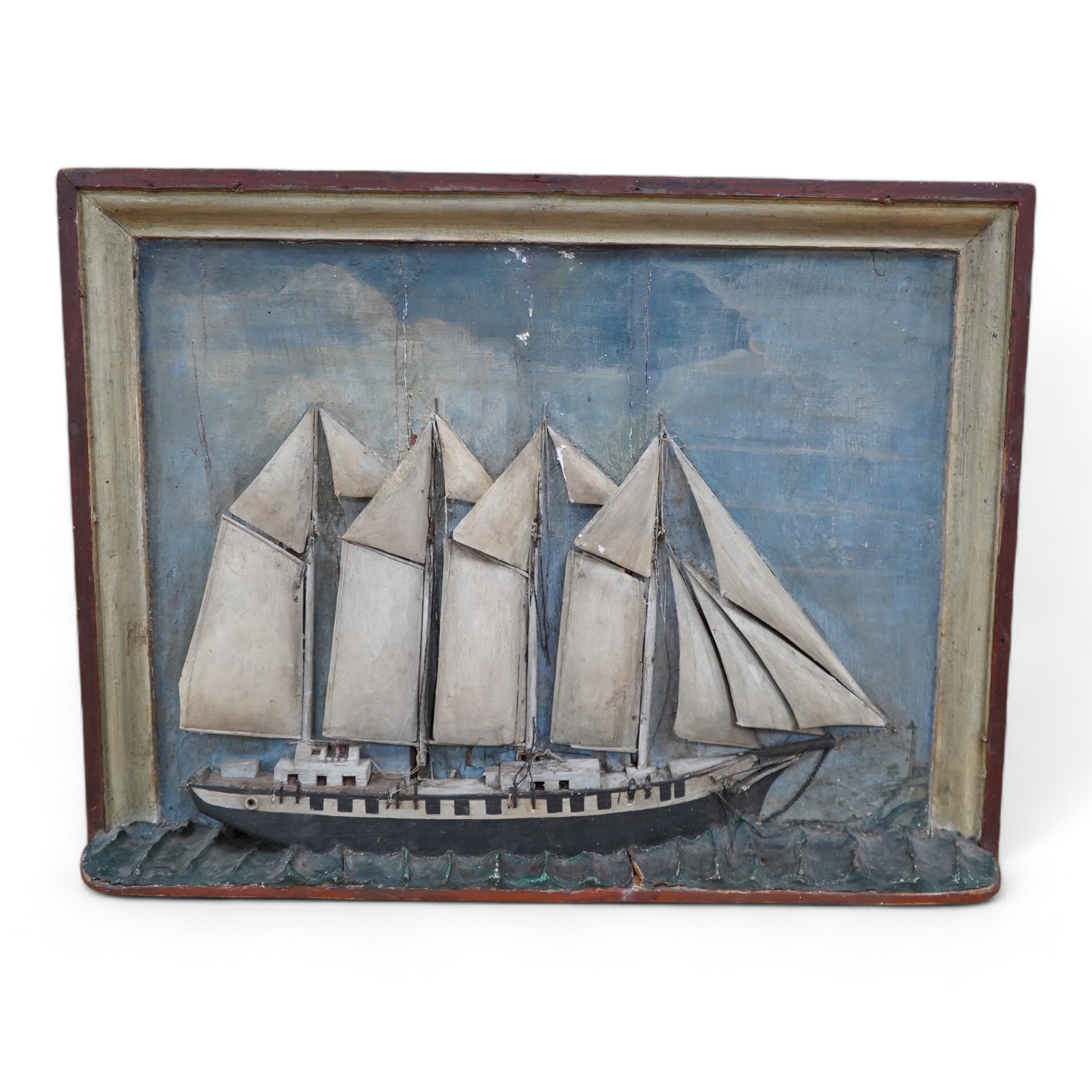 A 19th century American painted folk art diorama of a Barque, 39 x 52cm. Condition - poor to fair